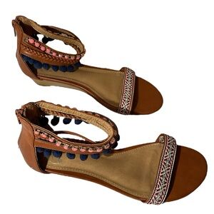 Women's Multi-Colored, Pom Poms, and Embroidered Straps Boho Sandals- size 8